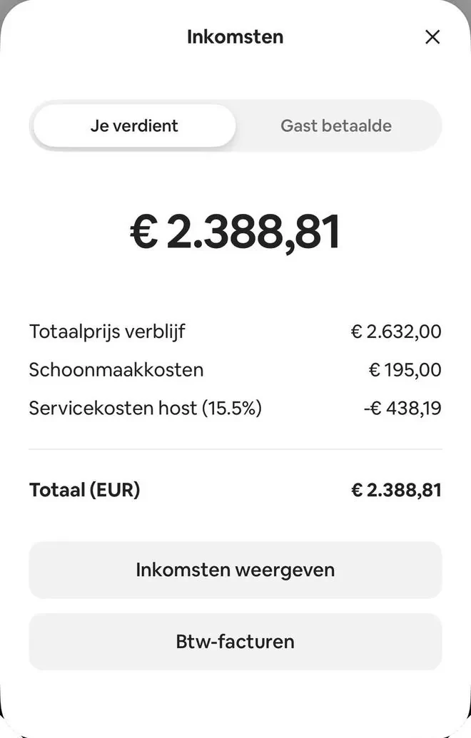 Airbnb payout screen: booking, total €2,388.81