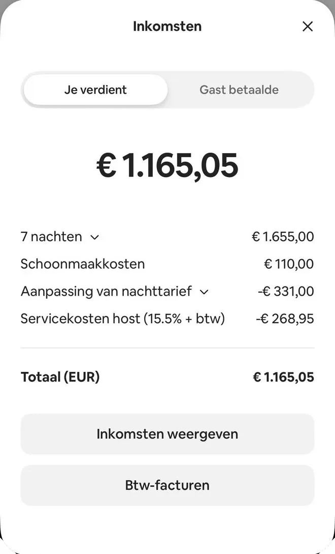Airbnb payout screen: 7 nights